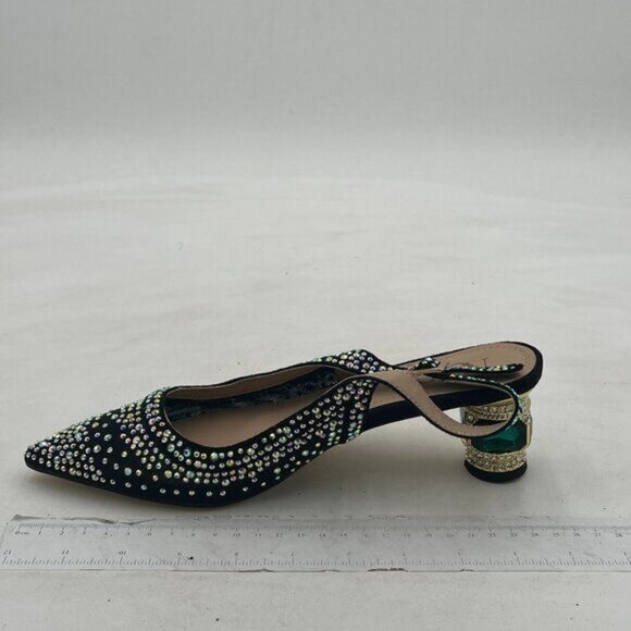 Women Pointed Toe Slingback Wedding Pumps Chunky Low Heel Rhinestone Sandals - Picture 3 of 8